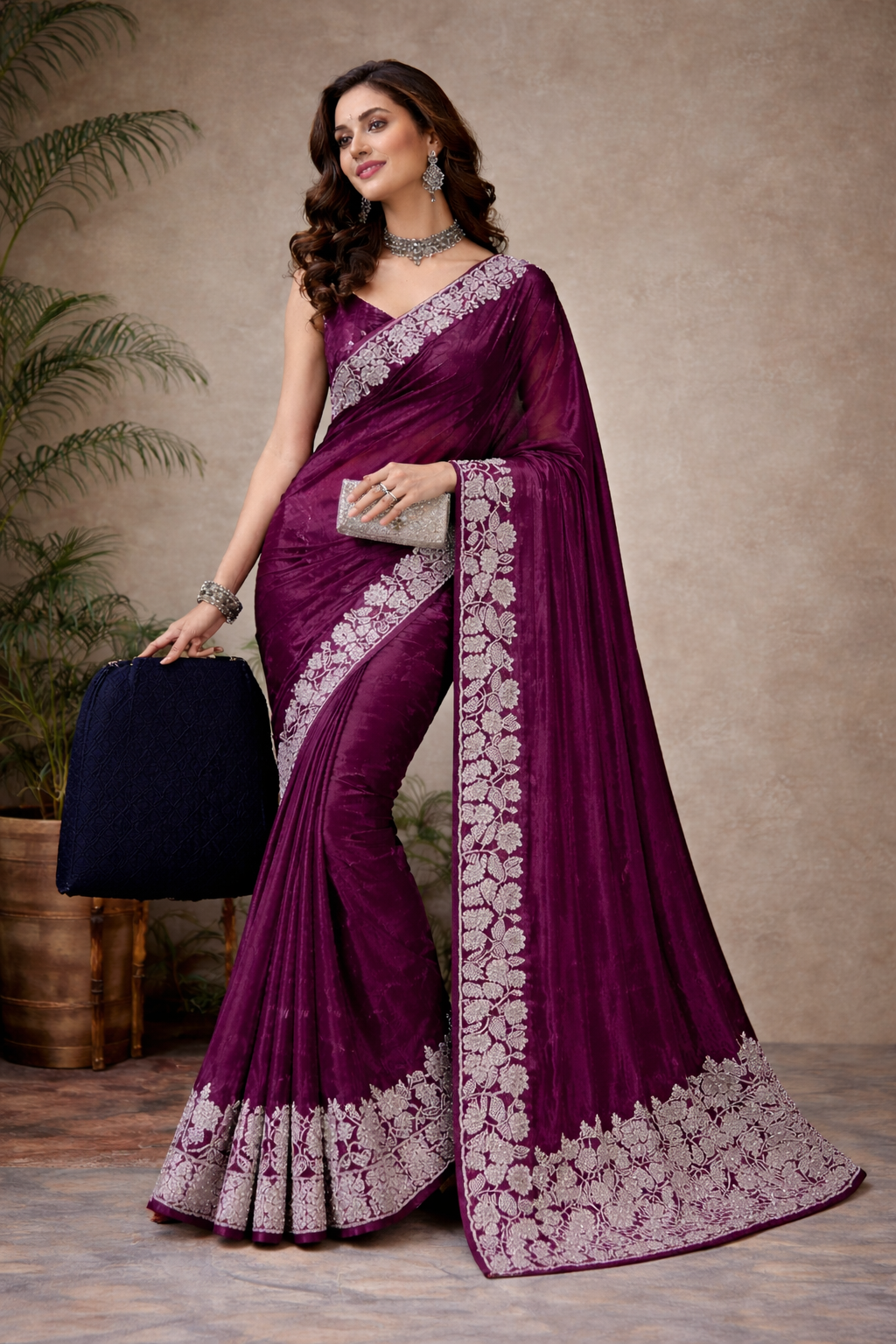 Wine Color Space Silk Saree with All-Over Embroidered Border