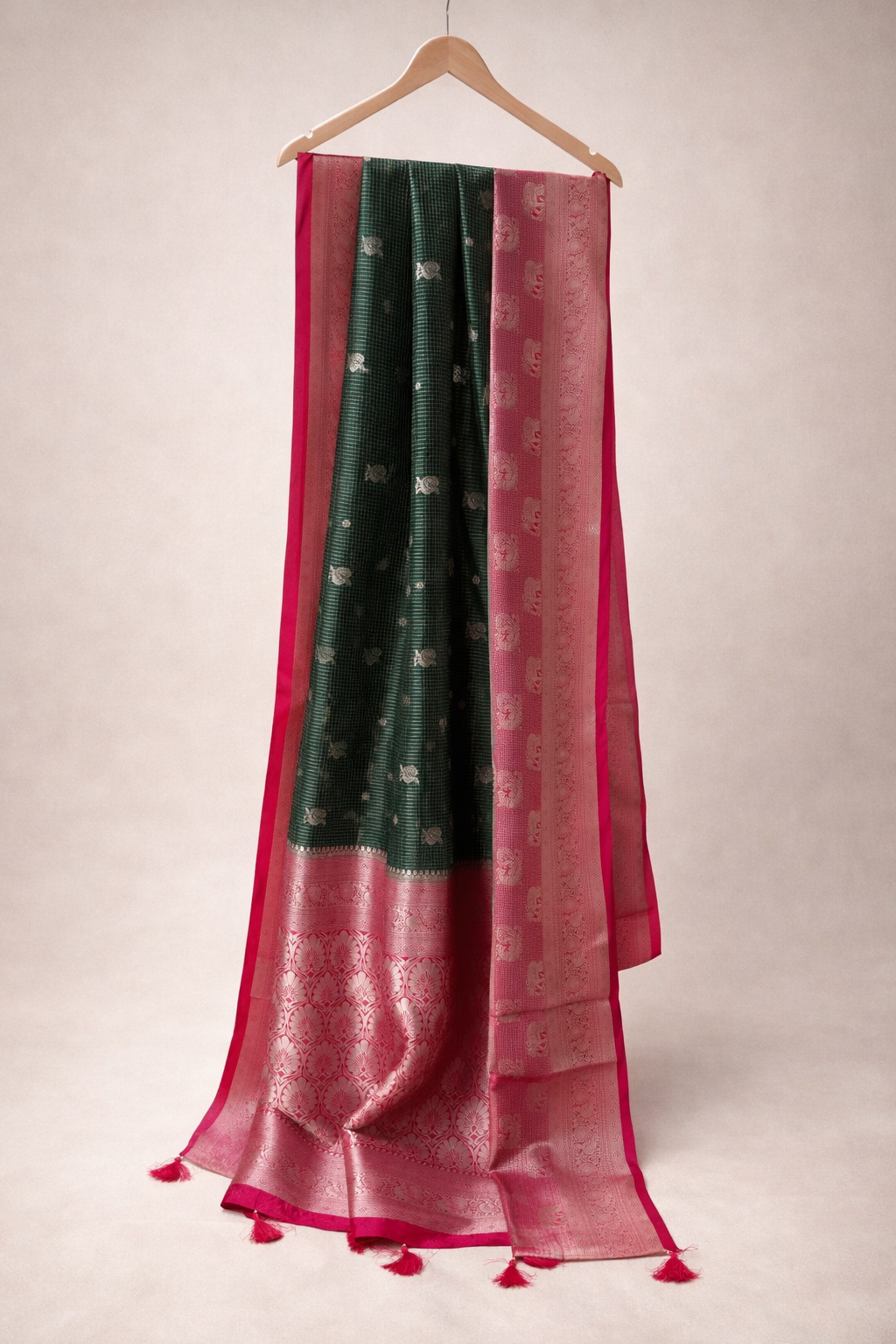 Emerald Green Silk Saree with Pink Zari Elephant Border