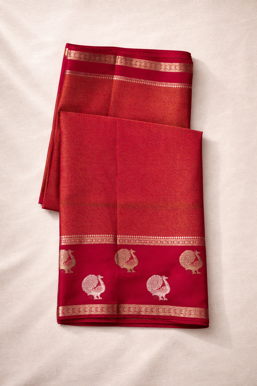 Red & Gold Tissue Saree with Peacock-Embroidered Pattu Border