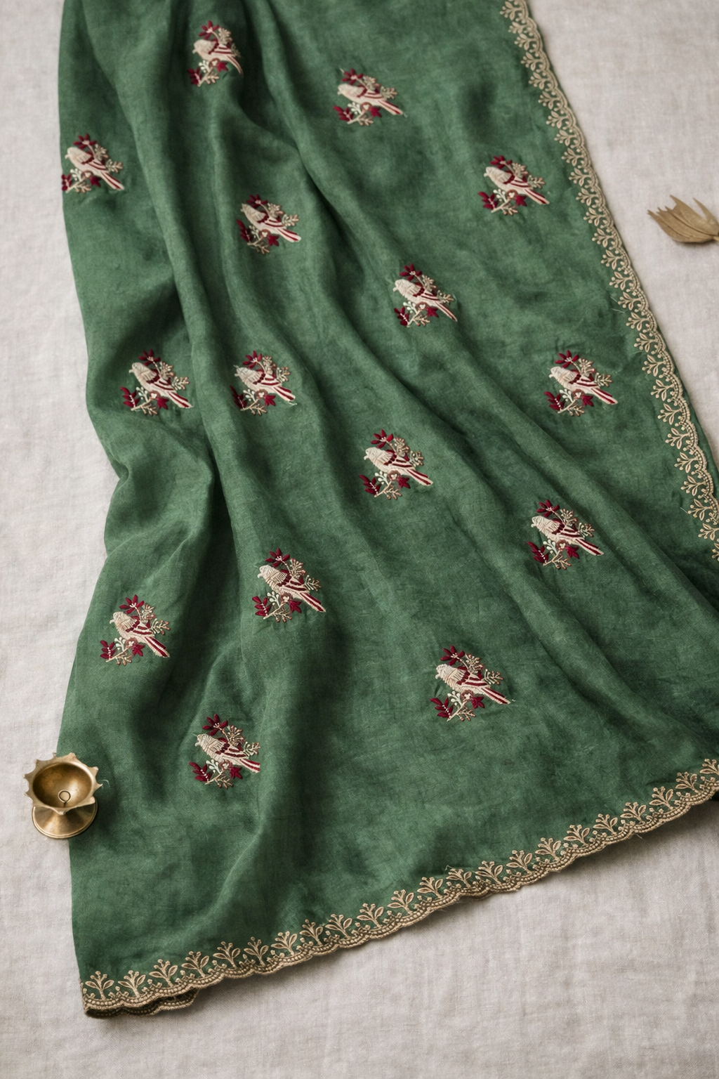 Pistachio Yellow Saree with Gold Embroidered Border and Bird Motifs