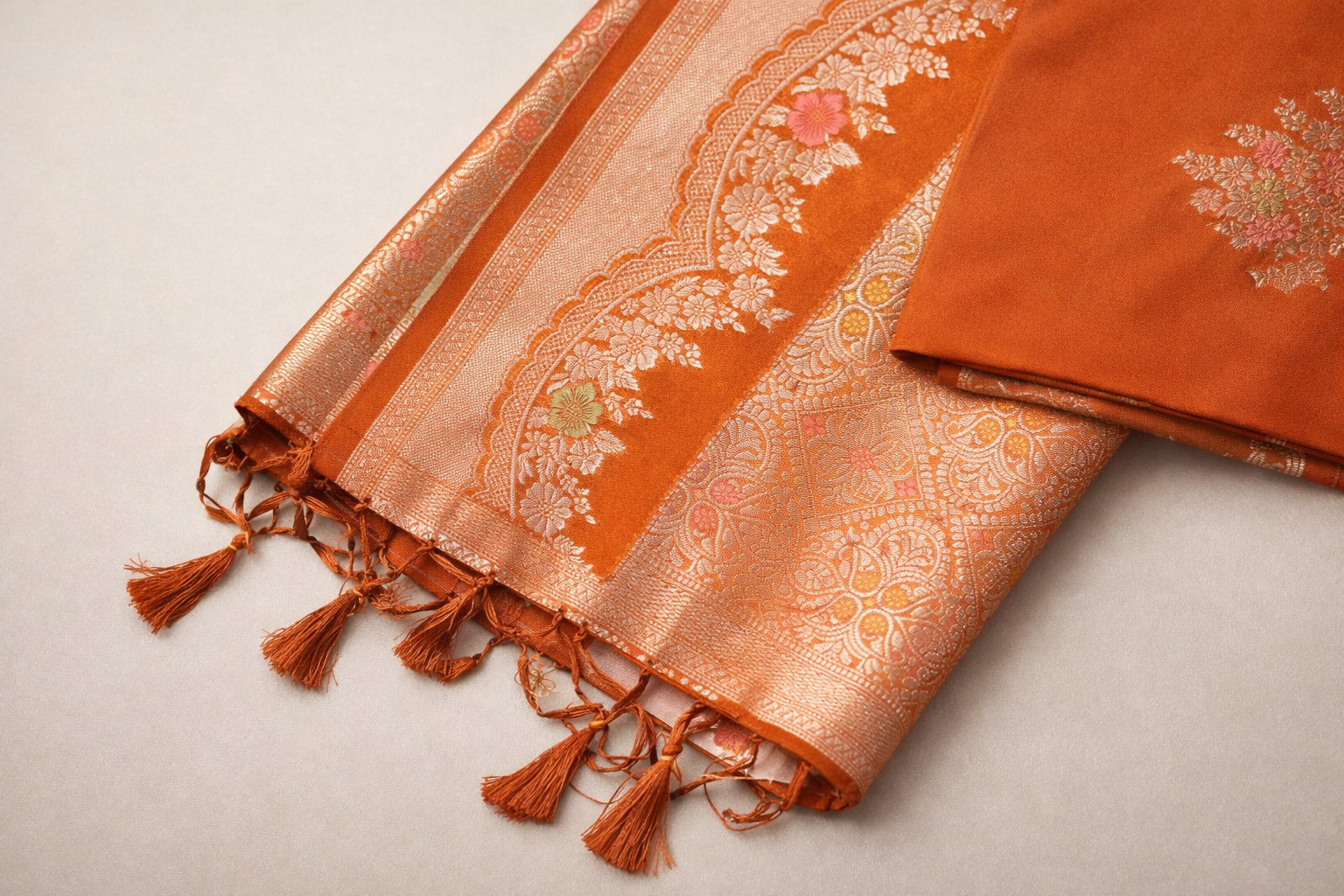 Rust Orange Banarasi Katan Silk Saree with Cut-Work Border