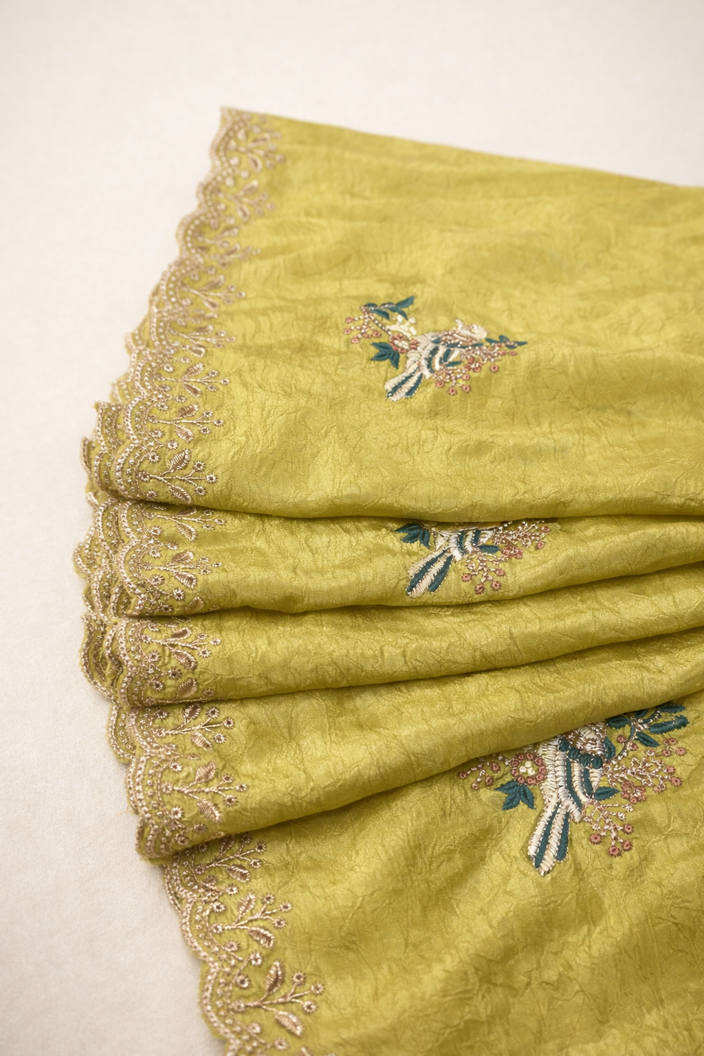 Pistachio Yellow Saree with Gold Embroidered Border and Bird Motifs