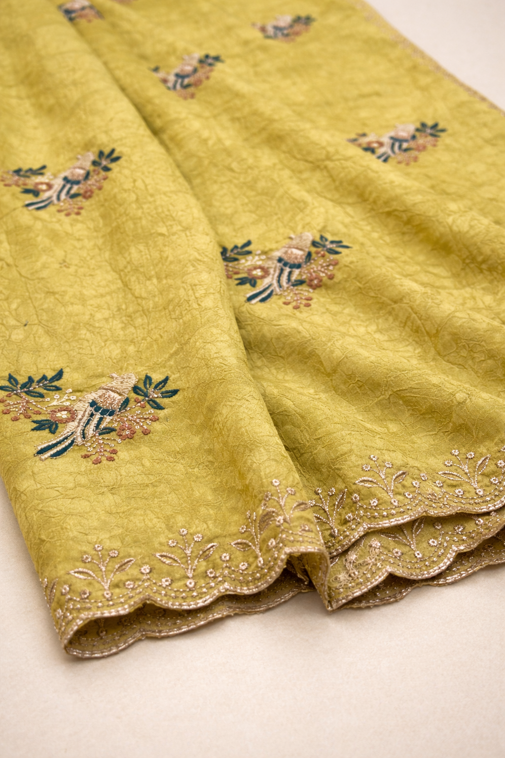 Pistachio Yellow Saree with Gold Embroidered Border and Bird Motifs