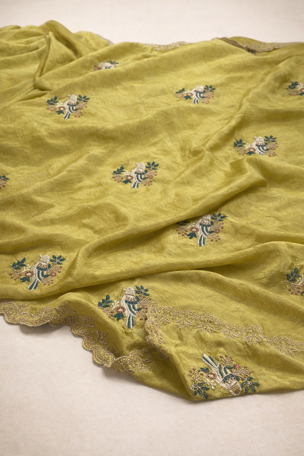 Pistachio Yellow Saree with Gold Embroidered Border and Bird Motifs