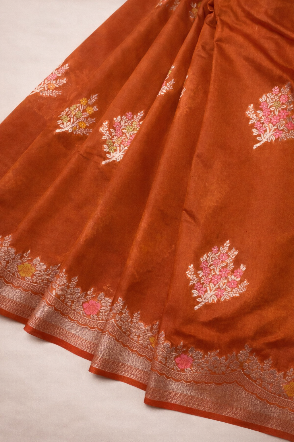 Rust Orange Banarasi Katan Silk Saree with Cut-Work Border