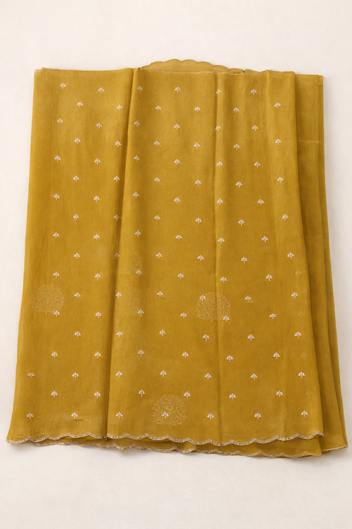 Mustard Yellow Fancy Saree with Pastel Embroidery and Gold Bead Border