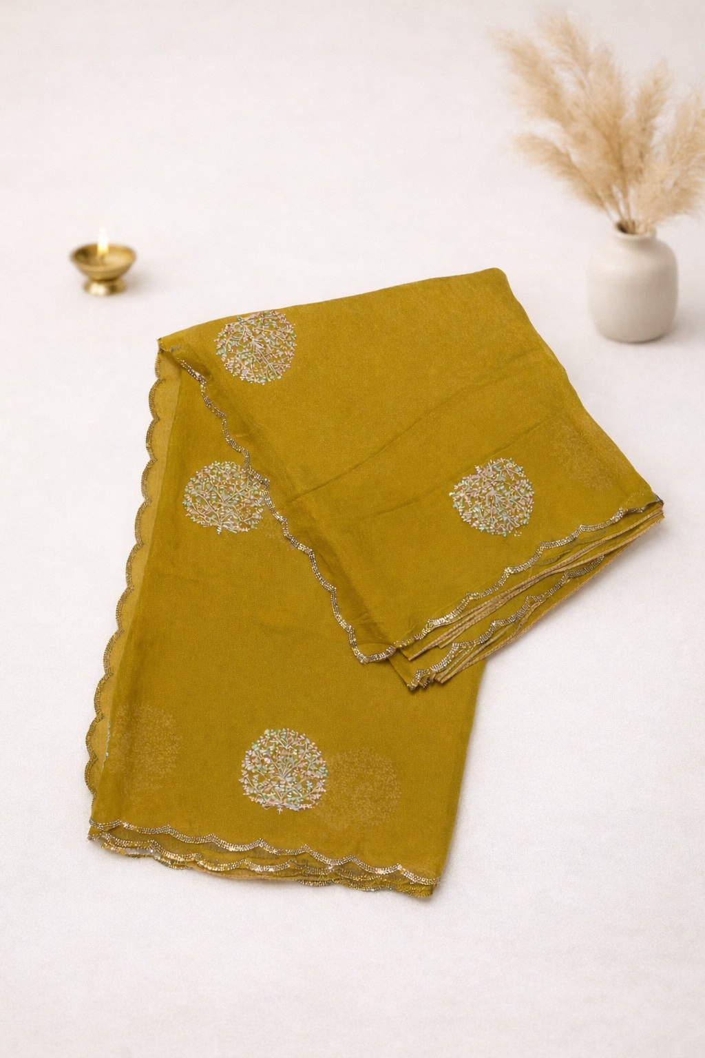 Mustard Yellow Fancy Saree with Pastel Embroidery and Gold Bead Border