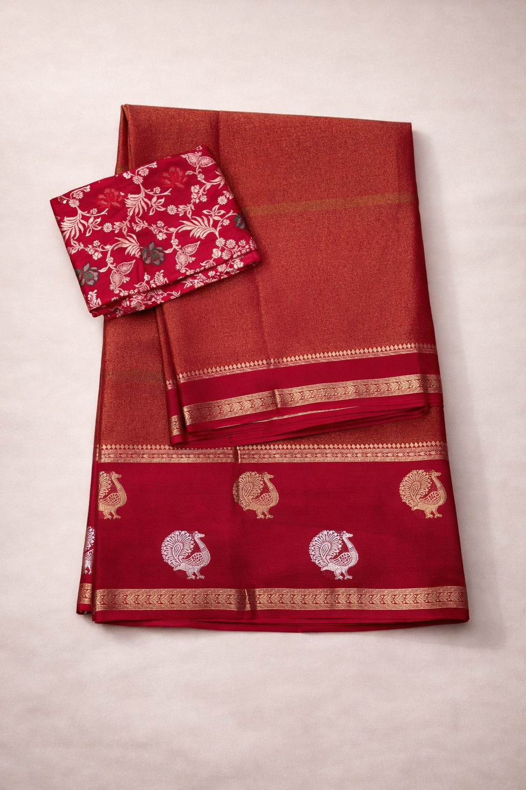Red & Gold Tissue Saree with Peacock-Embroidered Pattu Border