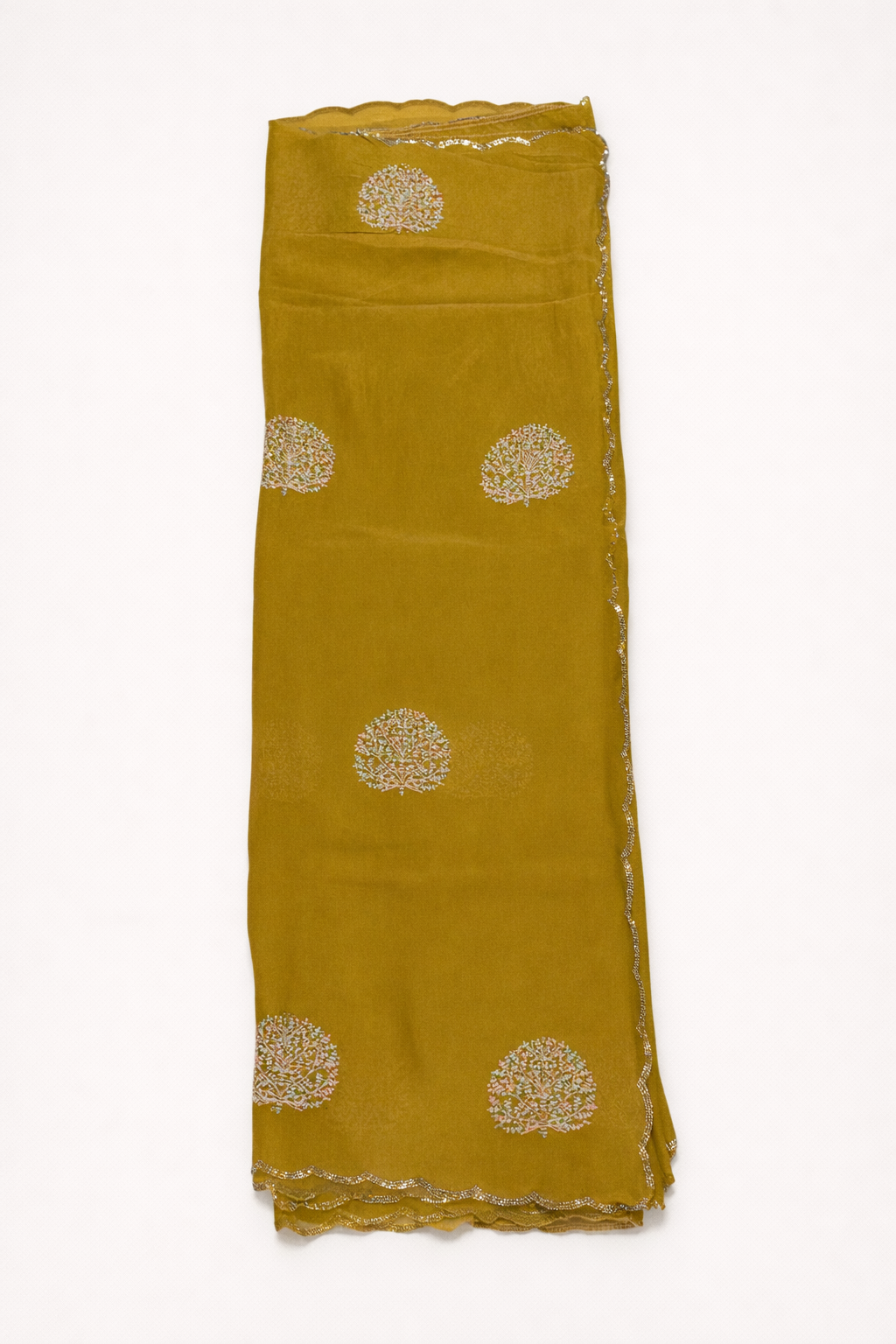 Mustard Yellow Fancy Saree with Pastel Embroidery and Gold Bead Border