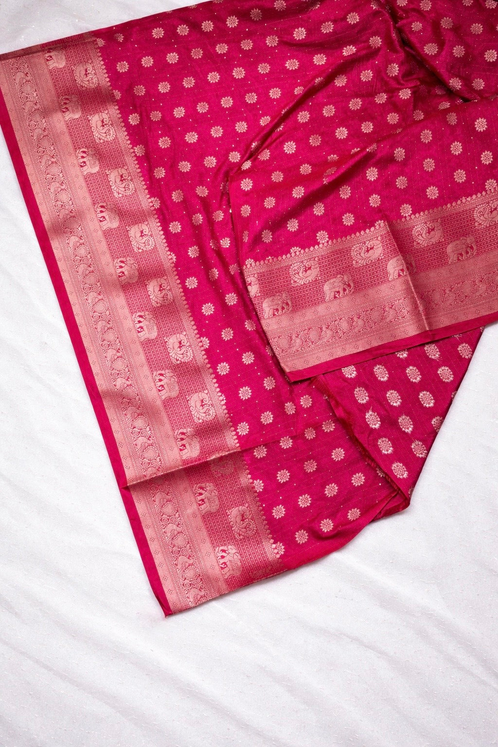 Emerald Green Silk Saree with Pink Zari Elephant Border