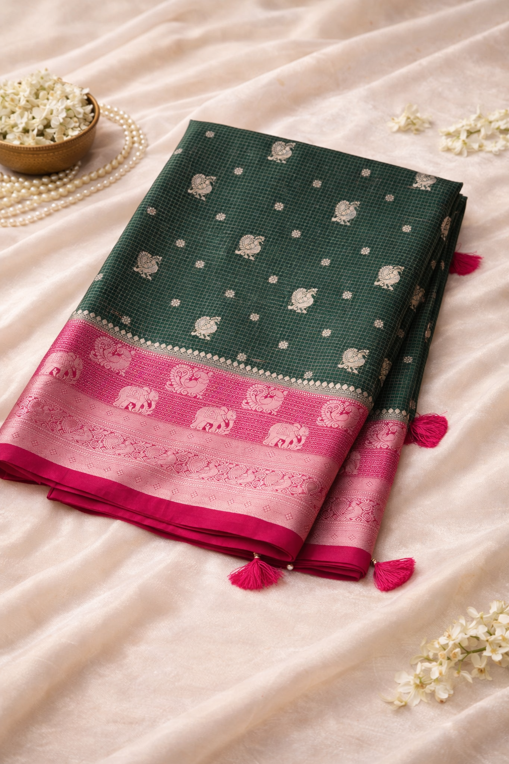 Emerald Green Silk Saree with Pink Zari Elephant Border