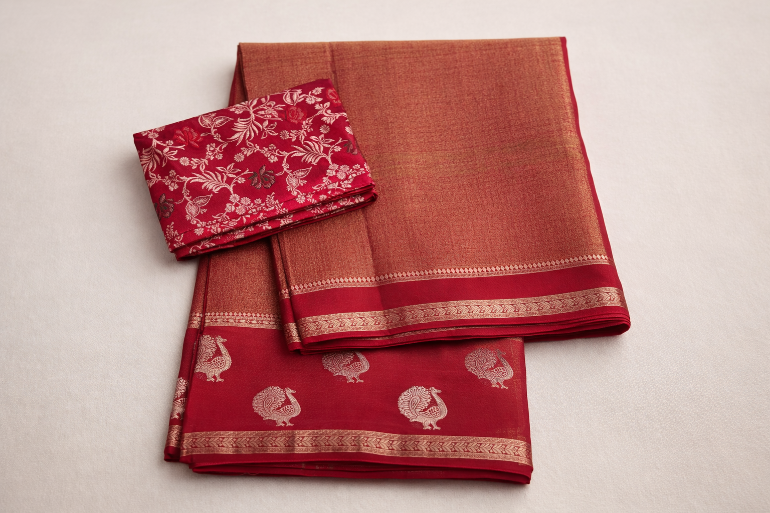 Red & Gold Tissue Saree with Peacock-Embroidered Pattu Border