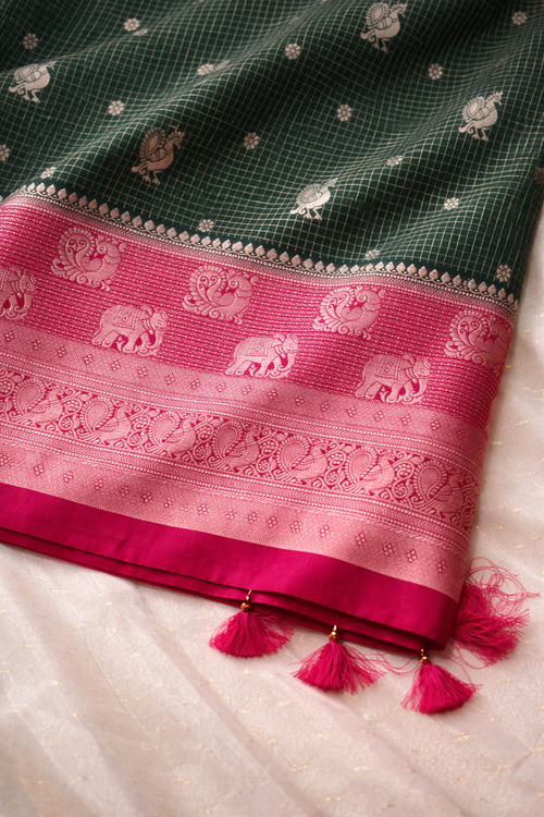 Emerald Green Silk Saree with Pink Zari Elephant Border